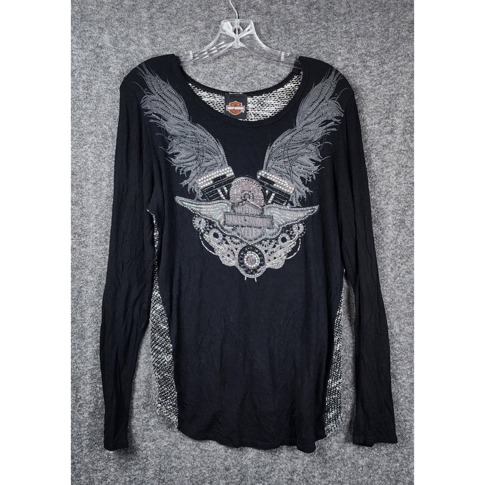 Harley Davidson Top Women Large Winged Graphic Rhinestone Mixed Media‎ HT4118